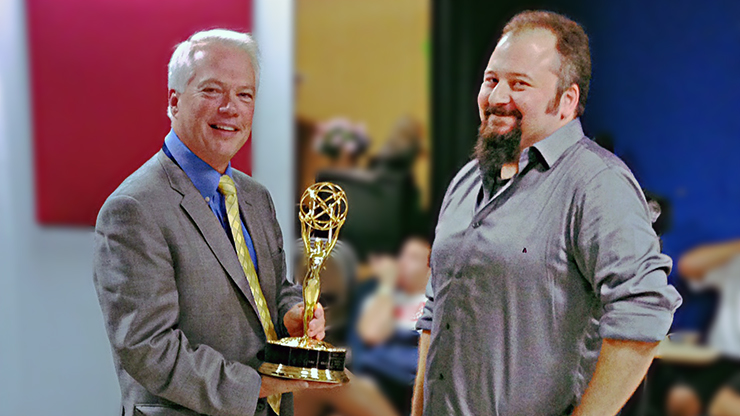 Alumnus Justin Cece ’99 honors Professor Robert Mann with his Sports Emmy Award