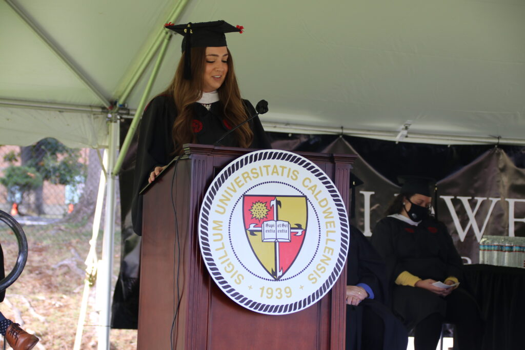 A graduate delivering her speech