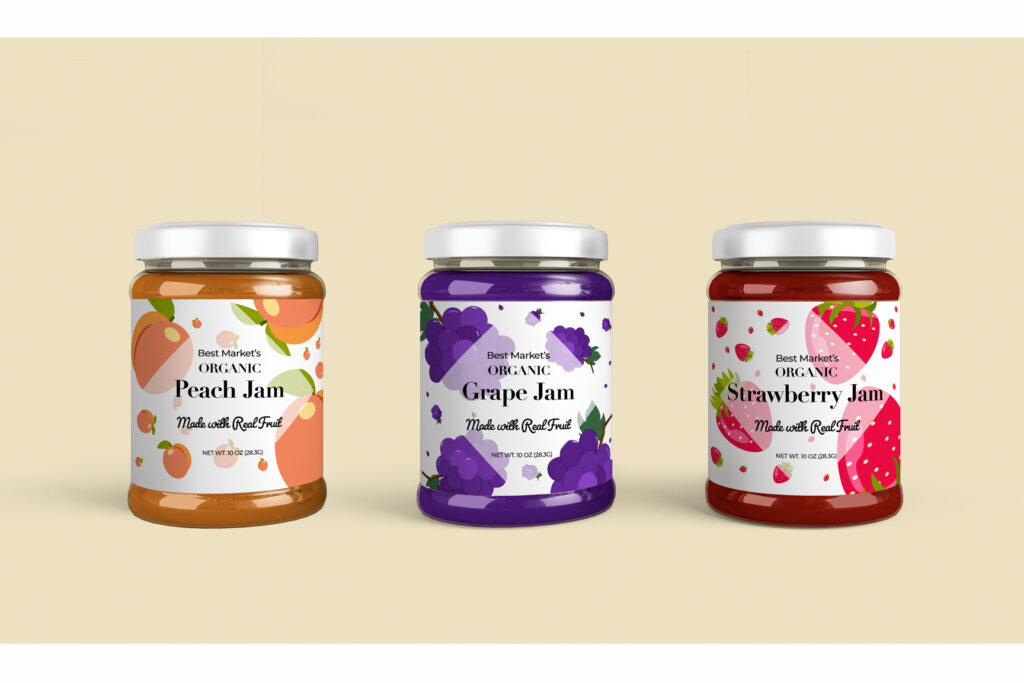Jars of jam with colorful logos