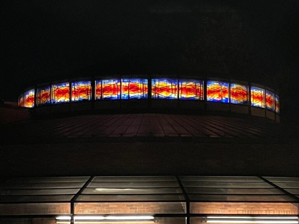 The clerestory featuring New Jersey’s Watchung mountains created by Sister Gerardine Mueller, O.P., located above the Alumni Theatre on Caldwell University’s campus. 